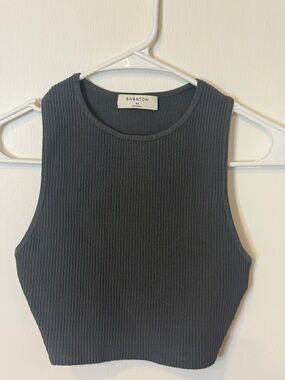 Babaton Ribbed Crewneck Crop Top in Slate Gray